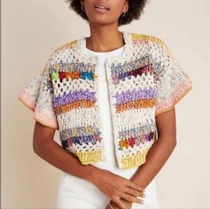 NWOT Anthropologie Cardigan Sweater Hand Knit Mia Crochet Multi Striped